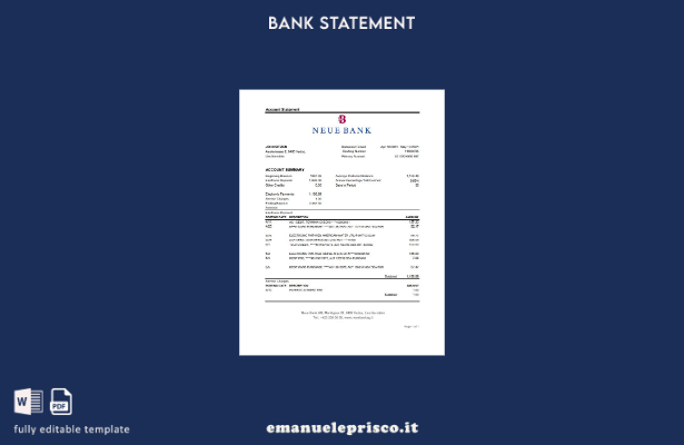modello Excel di estratto conto bancario Liechtenstein Neue Bank AG in stile ver